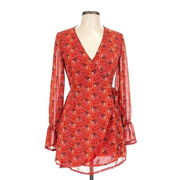 One Way Wrap Around Paisley Mini Dress Long Sleeves Red/Orange 12 - Picture 3 of 13